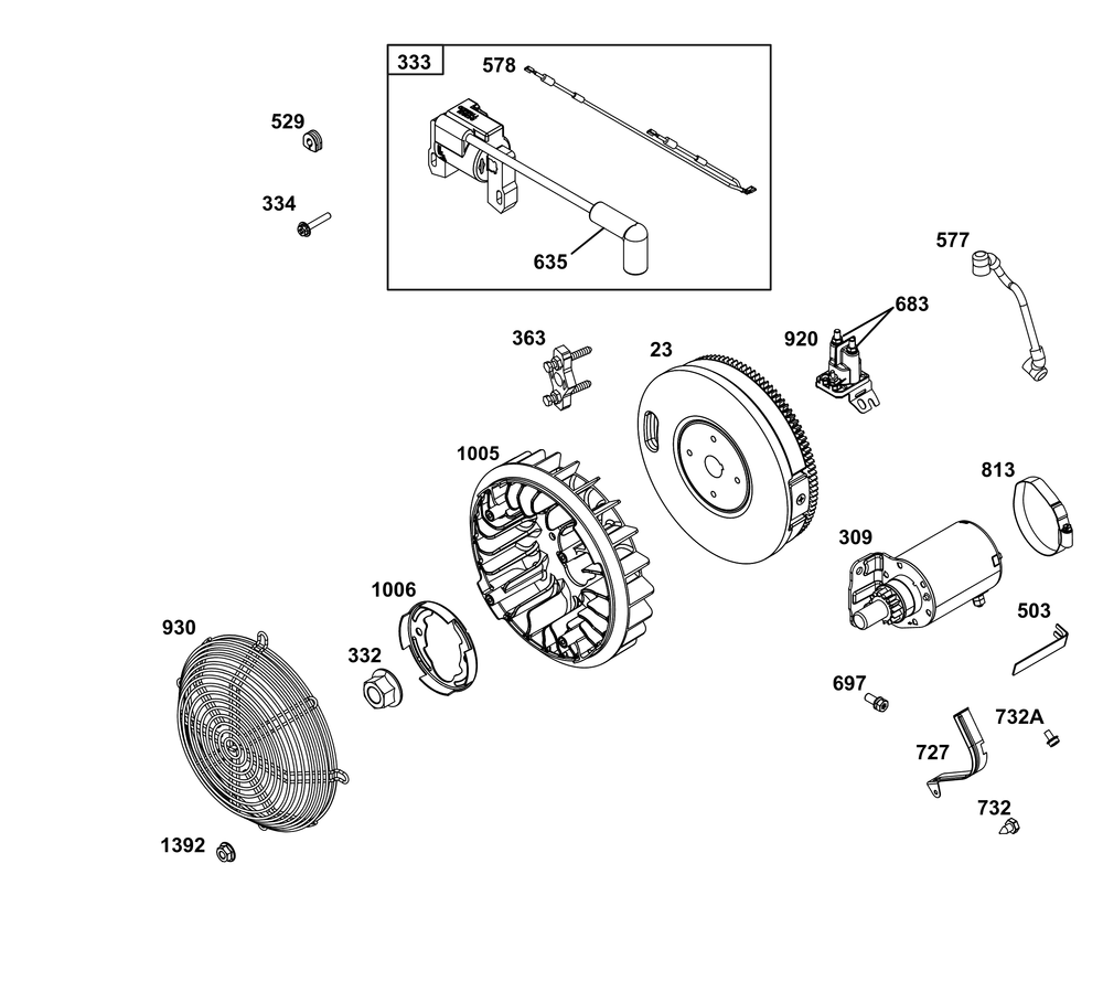 Flywheel, Ignition, And Starter Group Diagram and Parts List for 386447-0425-G1 200000 - 399999 Briggs and Stratton Engine